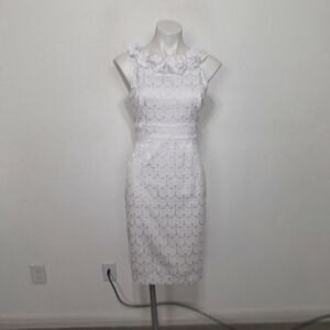 Maggy London White Lace Ruffle Neck Romantic Bridal Sheath Midi Dress Size 8